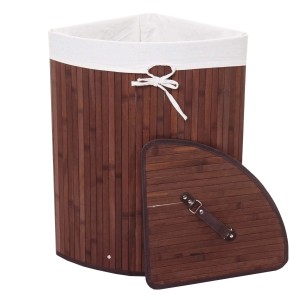 Brauner MCW Eck-Wäschekorb C21 aus Bambus mit Deckel und Wäschesack.