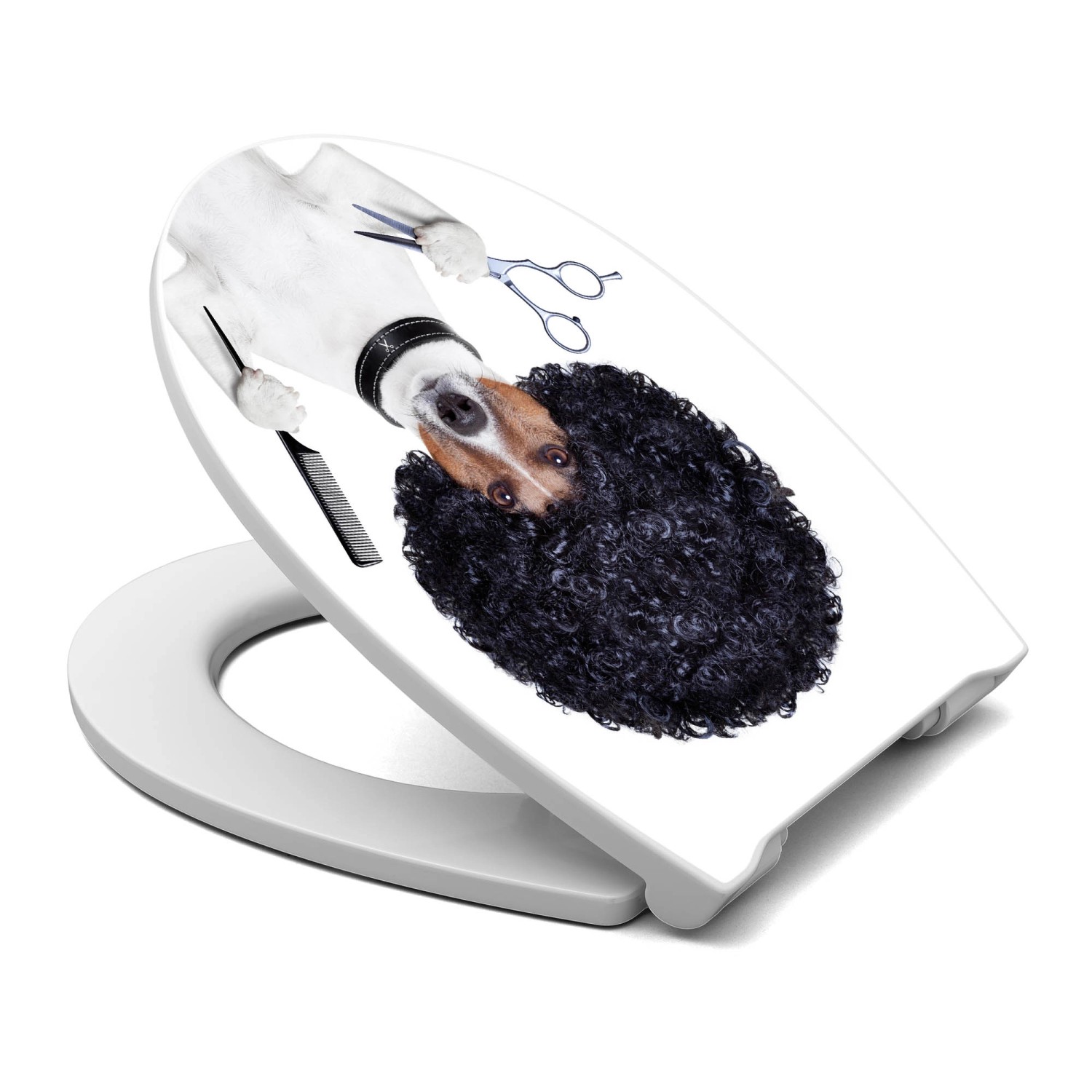 Banjado Premium WC-Sitz mit Motiv Friseur Jack Russel, Absenkautomatik, Soft Close, aus Duroplast.