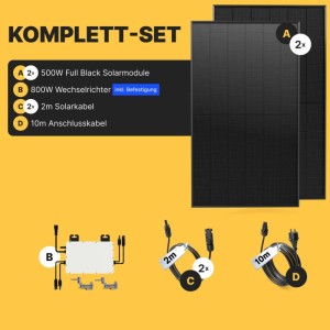 Solakon Balkonkraftwerk 1000W Solaranlage Steckerfertig Komplettset Photovoltaik Anlage 800W Kabellänge 10m