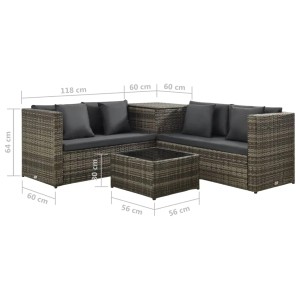 Graues 4-tlg. vidaXL Garten Lounge Set aus Rattan mit Auflagen und Tisch.