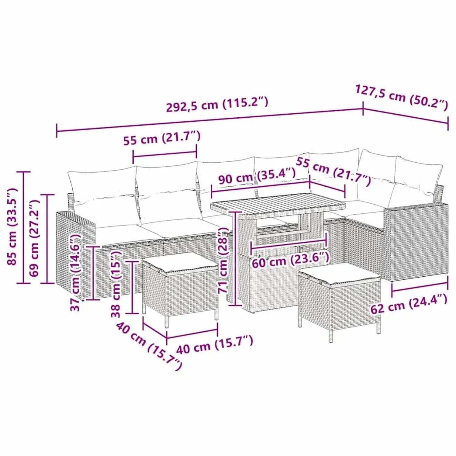 vidaXL Gartenmöbel-Set, 9-teilig, grau, Poly Rattan, mit Sofa, Sesseln, Hockern und Tisch, Maße siehe Abbildung.
