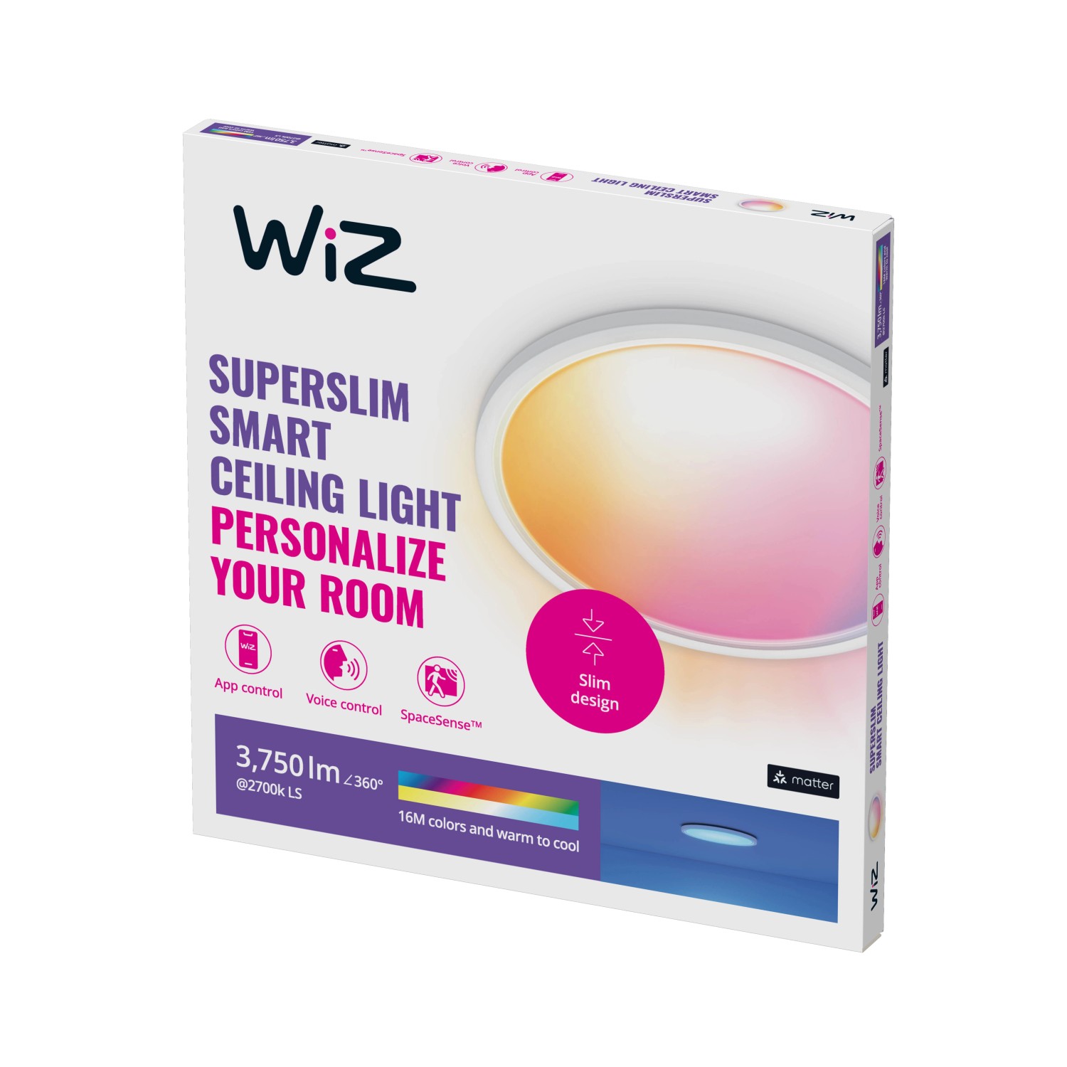 Verpackung der WiZ SuperSlim Deckenleuchte, smarte LED Lampe, dimmbar, Farbe Weiß, Ø 55cm.