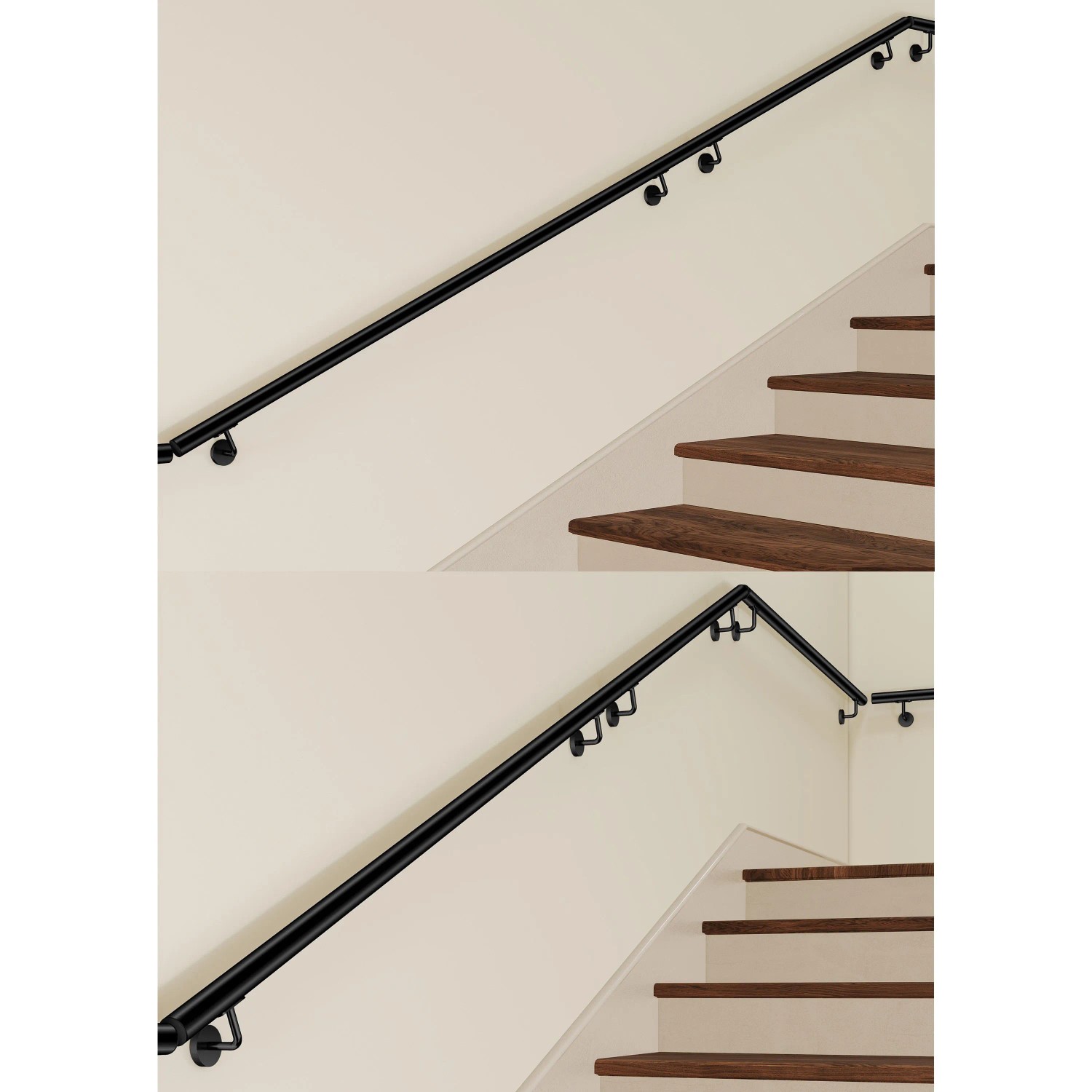 Schwarzer AICA Edelstahl Handlauf an Treppe, mit ∅42,2 mm Handlaufverbindern gerade und über Eck montiert. Ideal für Wandhandläufe.