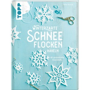 Hardcover Buch Winterzarte Schneeflocken Häkeln mit weißen Häkelschneeflocken und Garn auf blauem Grund.