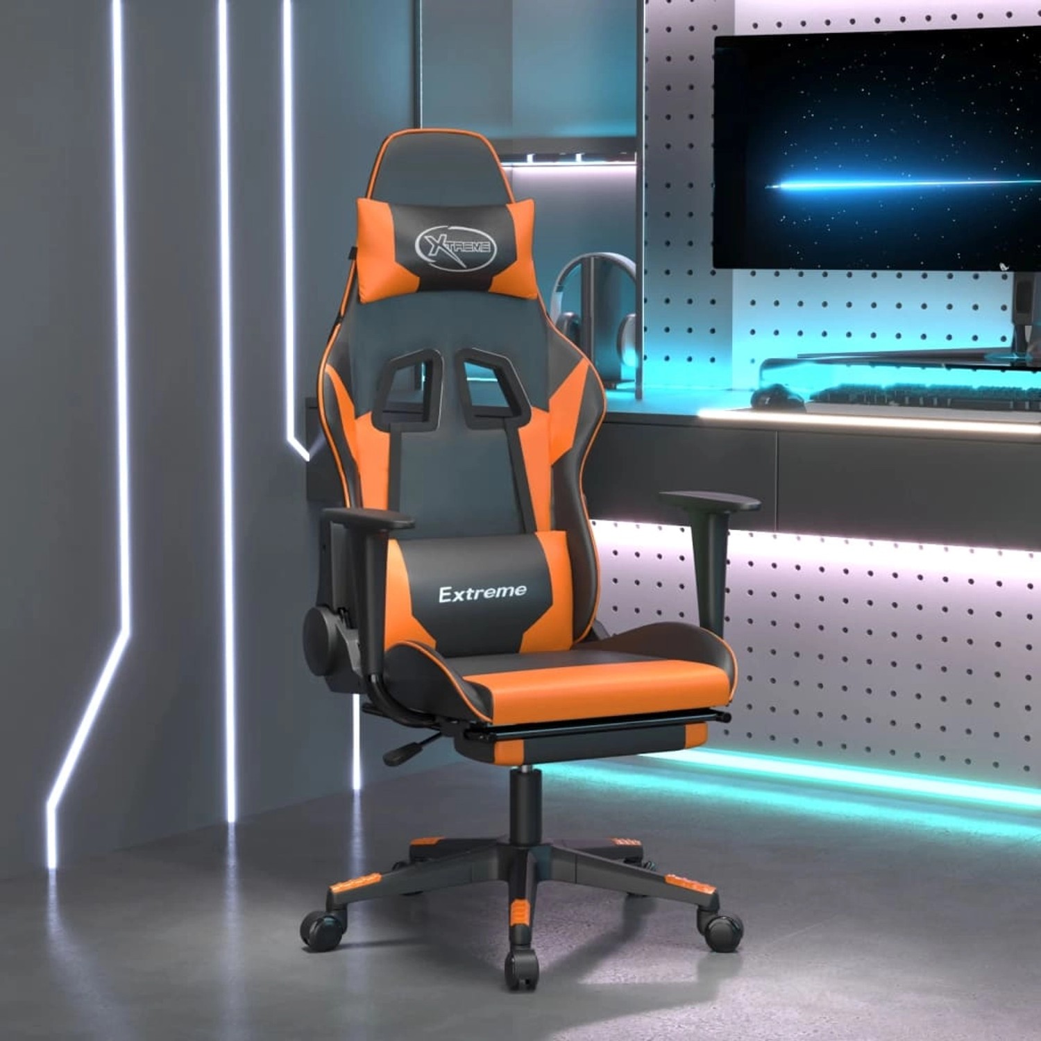 Gaming-Stuhl mit Massage und Fußstütze, schwarz-orange, Kunstleder