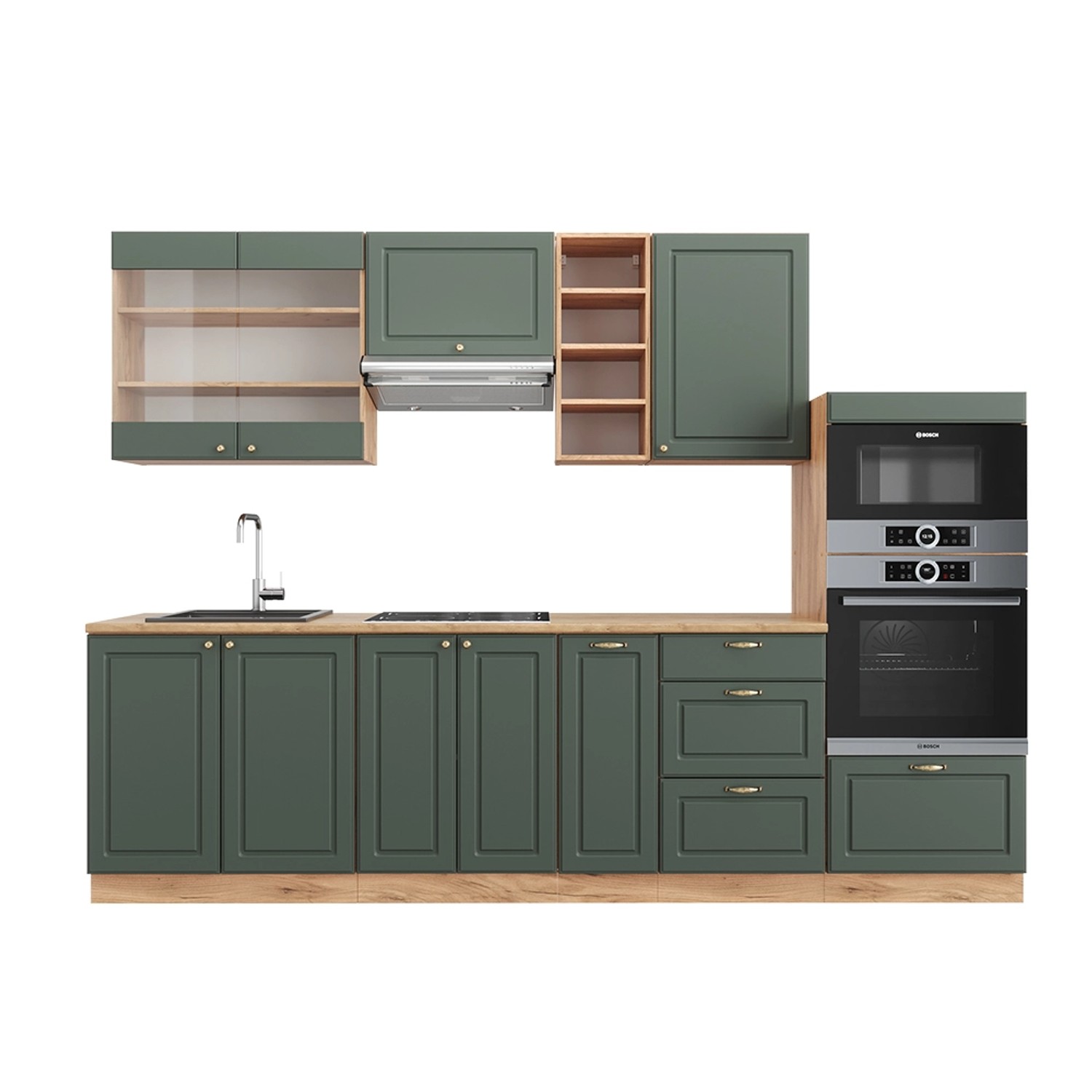 Vicco Fame-Line Küchenzeile Grün-Gold Landhaus/Goldkraft Eiche 280 cm ohne günstig online kaufen