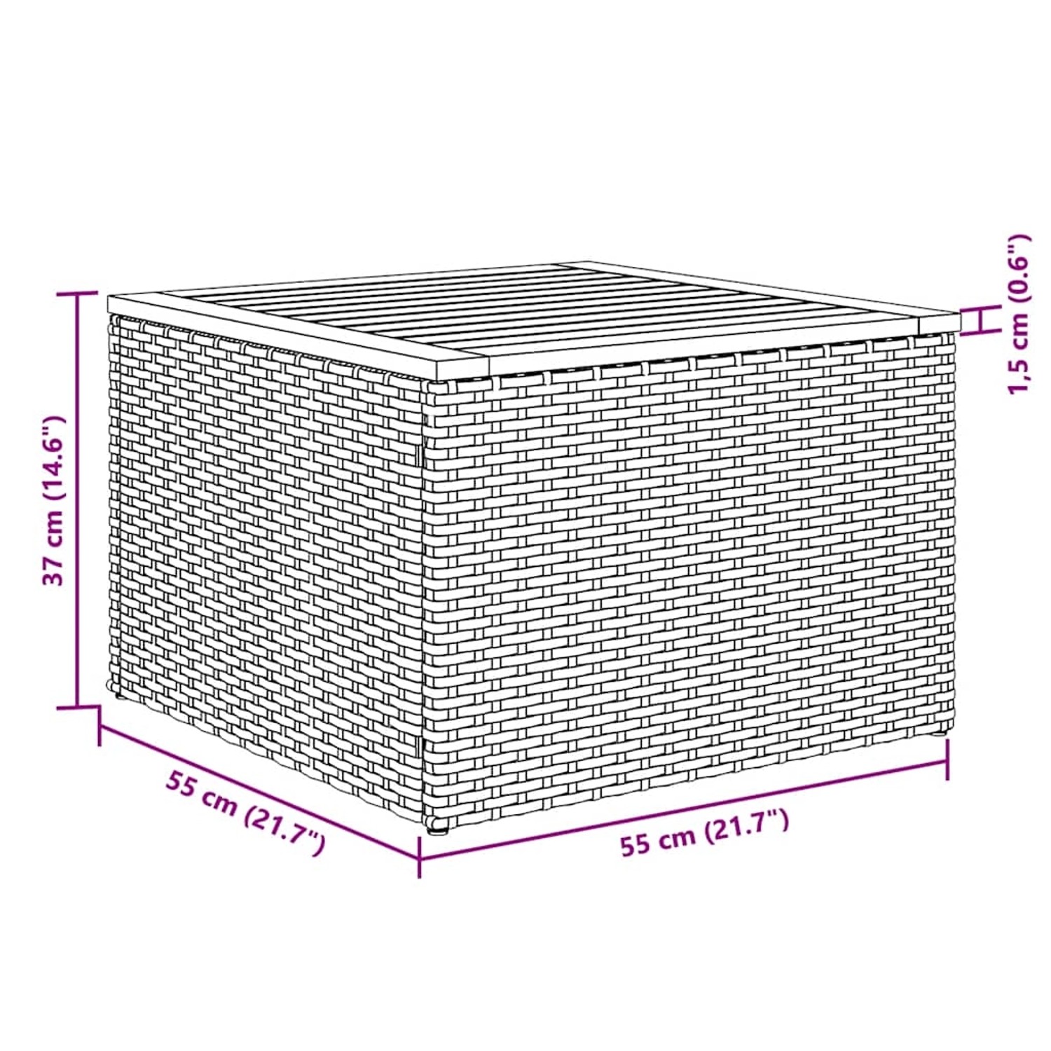 Skizze eines schwarzen Garten-Tisches aus Rattan, Teil der vidaXL Sofagarnitur, mit Maßangaben.
