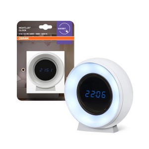 Osram LED-Nachtlicht Nightlux Clock, weiße Uhr mit blauem Display und Leuchtring.