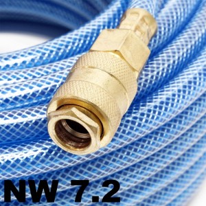 Blauer PVC Druckluftschlauch, 20m, mit Gewebe und Messing-Schnellkupplung für Kompressoren. NW 7.2.