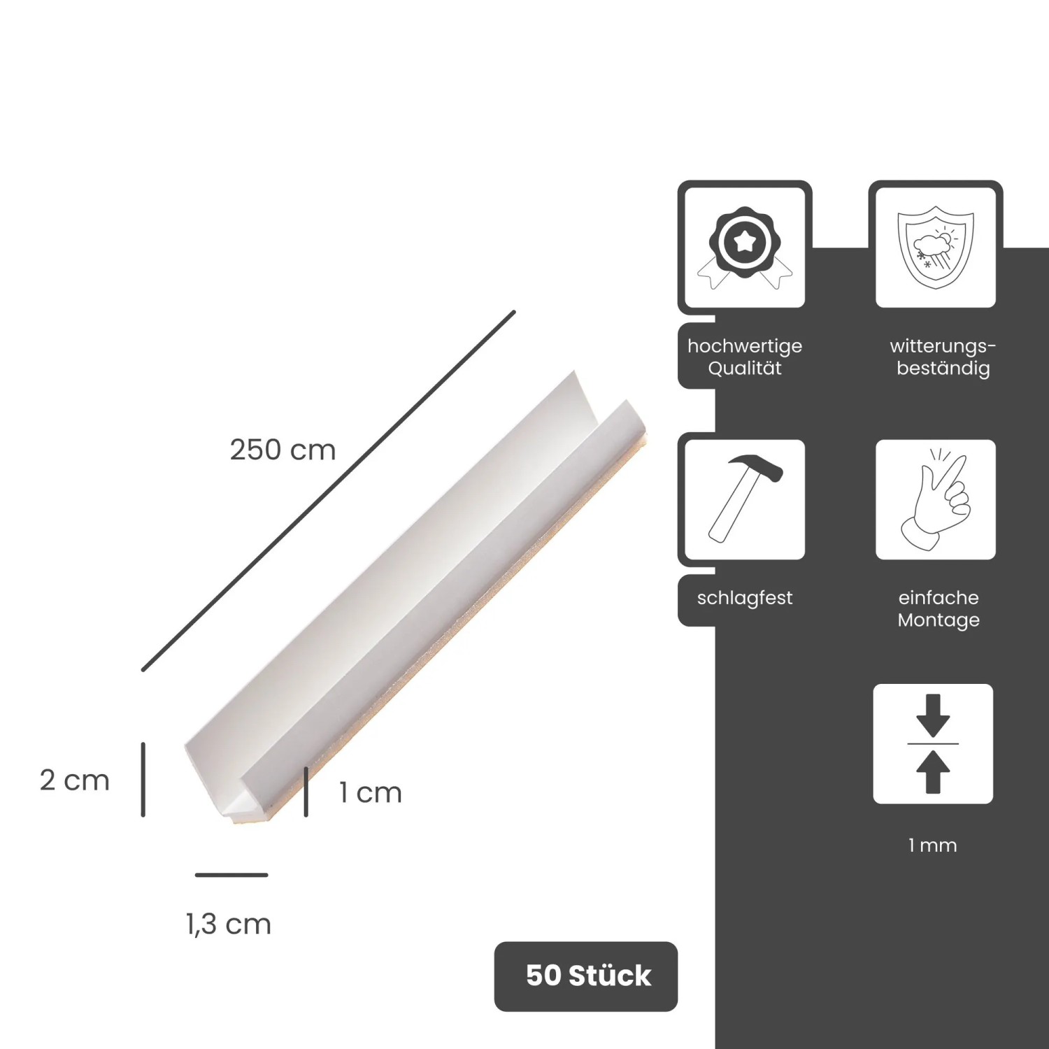 Weißes Protektor Einfassprofil, selbstklebend, 50x250cm, aus PVC für 12,5mm Platten.