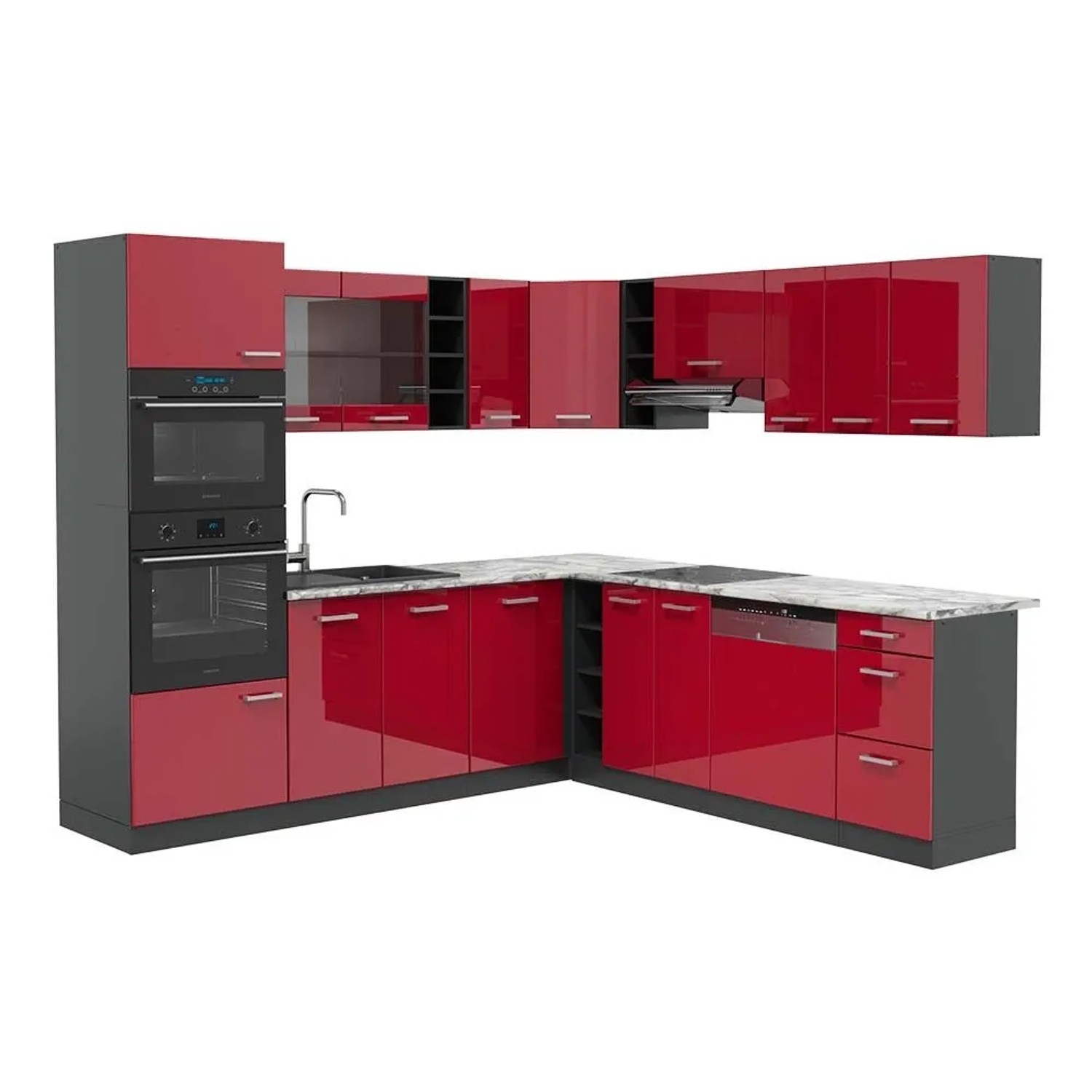 Vicco Eckküche R-Line Rot Hochglanz/Anthrazit 247 x 82, AP Marmor