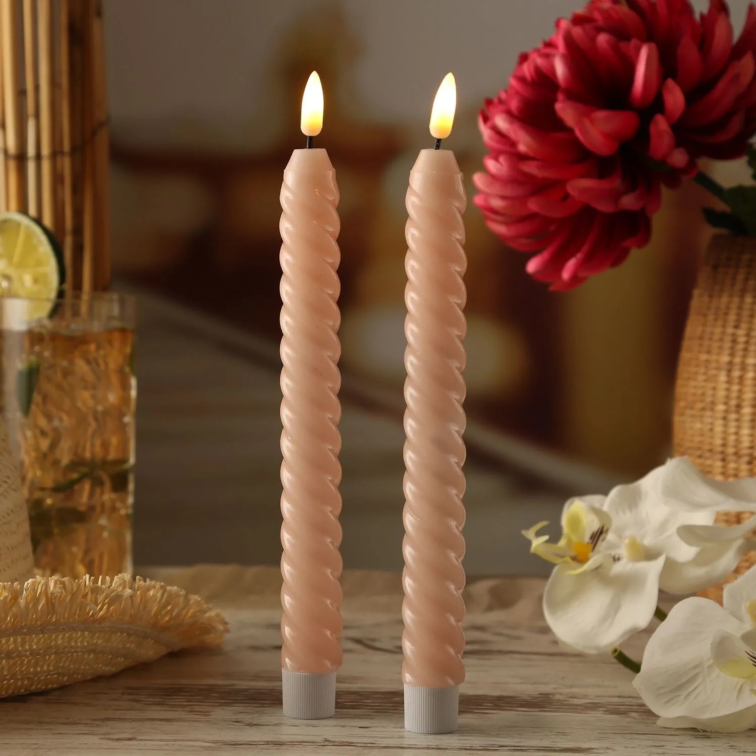 Marelida LED Stabkerzen Twist Tafelkerzen Gedreht Echtwachs 25cm Timer Hellrosa 2St_2