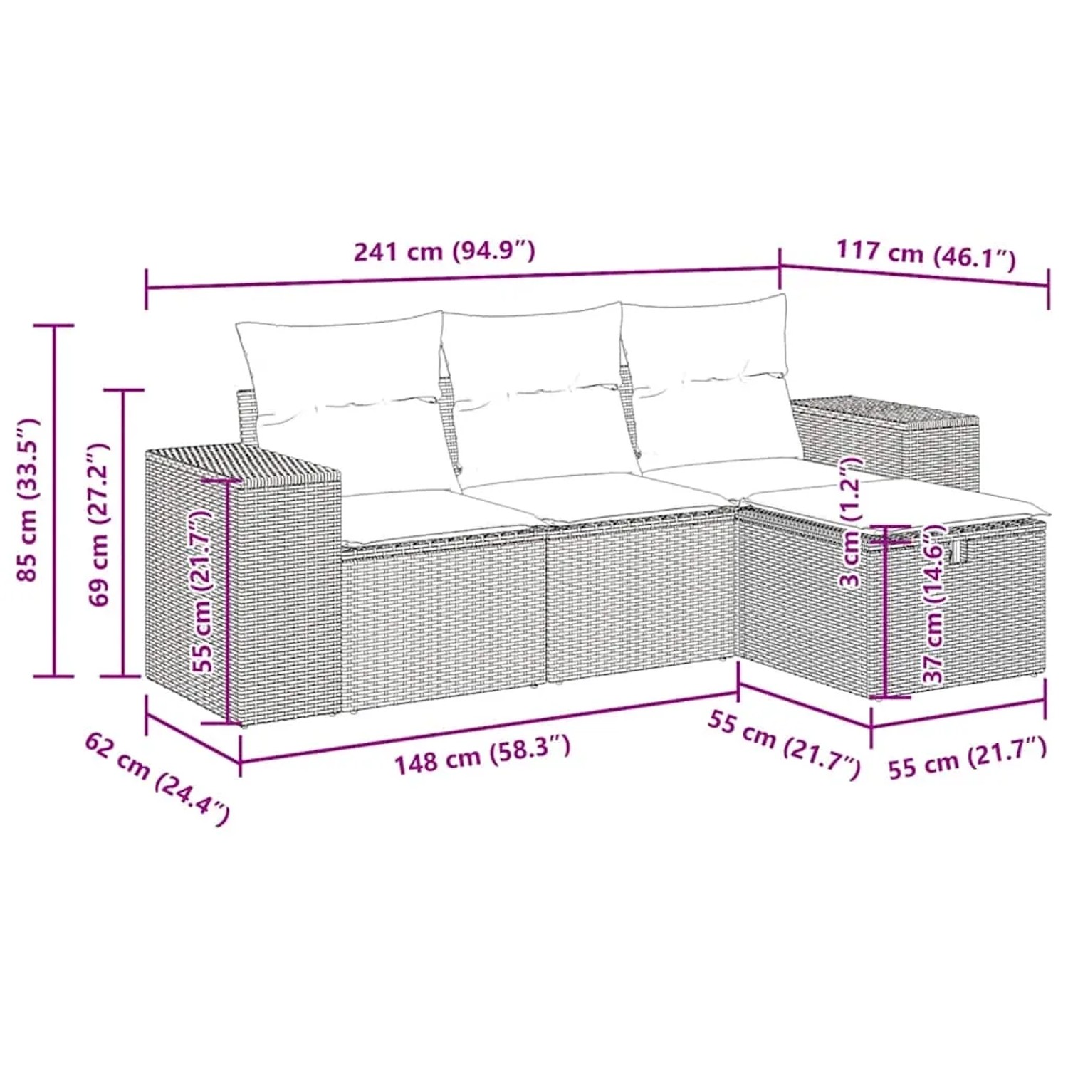 vidaXL Garten-Sofagarnitur, 4-teilig, beige Poly Rattan, mit Maßangaben.