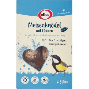 Elles Meisenknödel mit Beeren, 6 Stück, ohne Netz. Wildvogelfutter im Karton mit Vogel.
