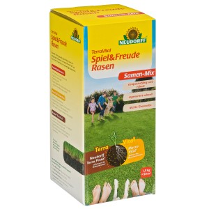 Packung Neudorff Terra Vital Spiel- und Freuderasen Samen-Mix 1,5 kg für strapazierfähigen Rasen.