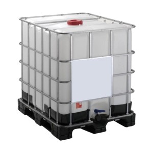 IBC Container 1000 Liter mit Stahlgitter und Kunststoffpalette für Flüssigkeiten.