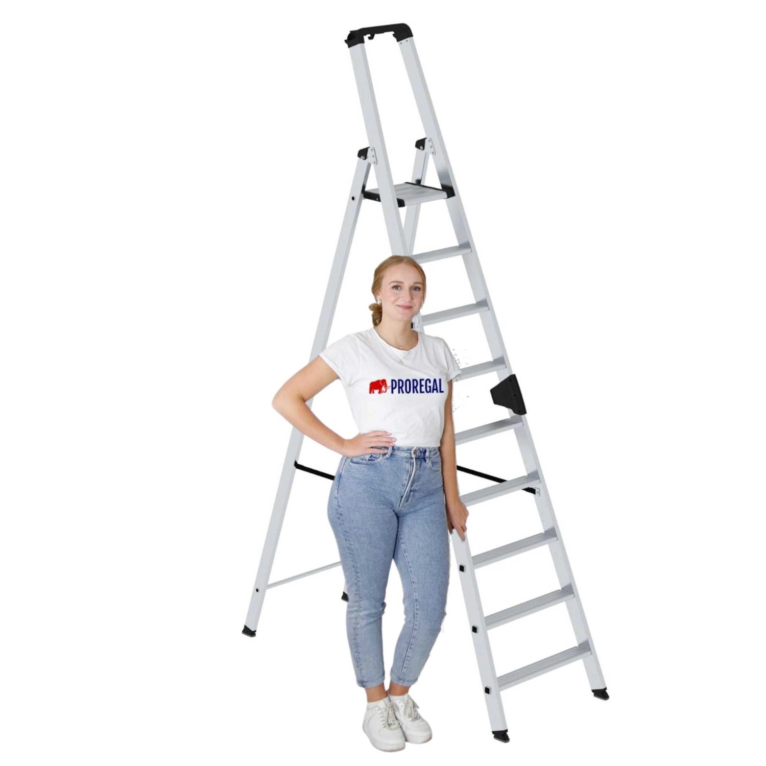 PROREGAL Stufen-Stehleiter mit 9 Stufen, einseitig begehbar, aus Aluminium.