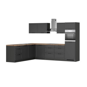 Graue Held Winkelküche Kempten 300 cm mit E-Geräten und autarkem Cerankochfeld.