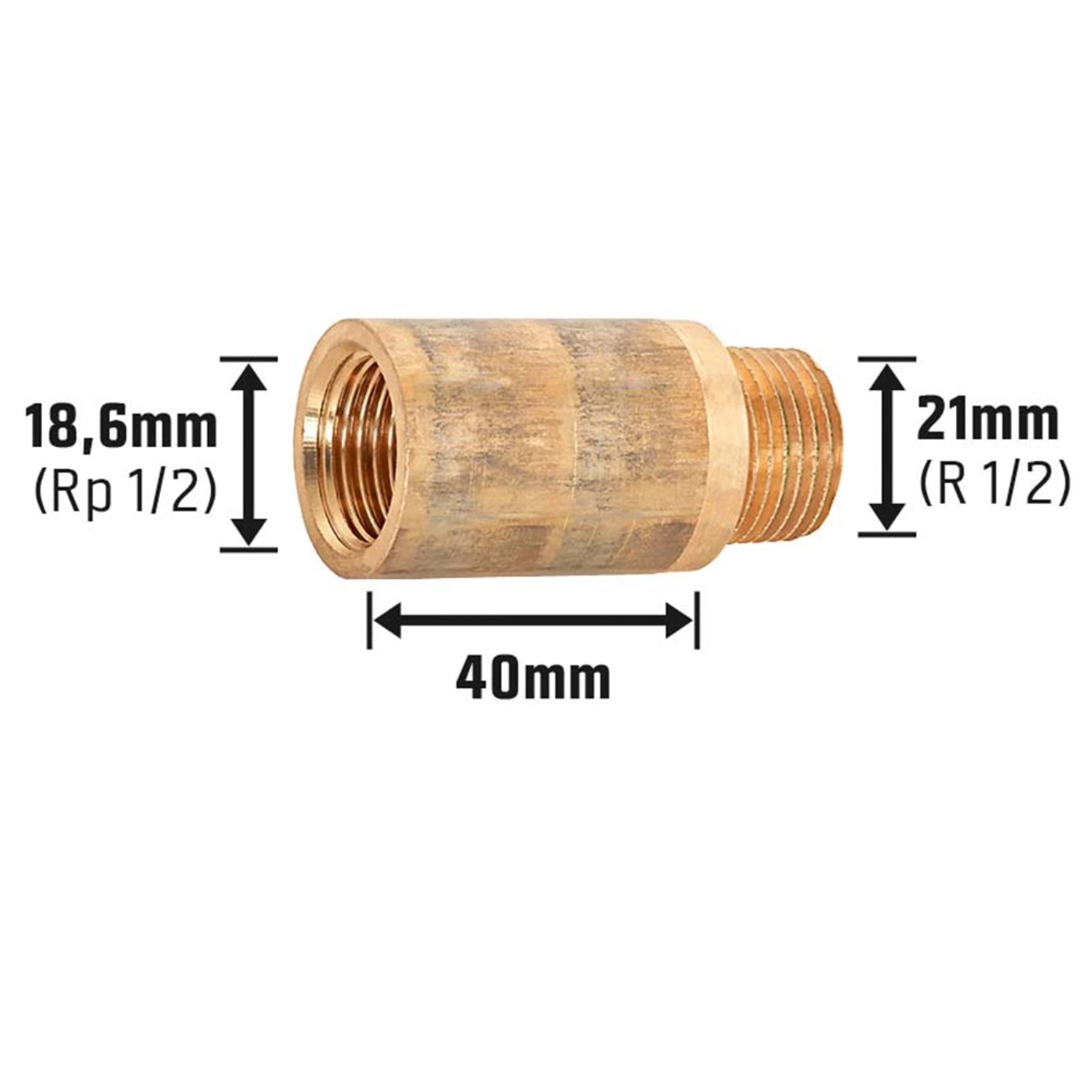 Hahnverlängerung aus Rotguss, 18,6 mm x 21 mm, 40 mm lang, für Gewindefittings.
