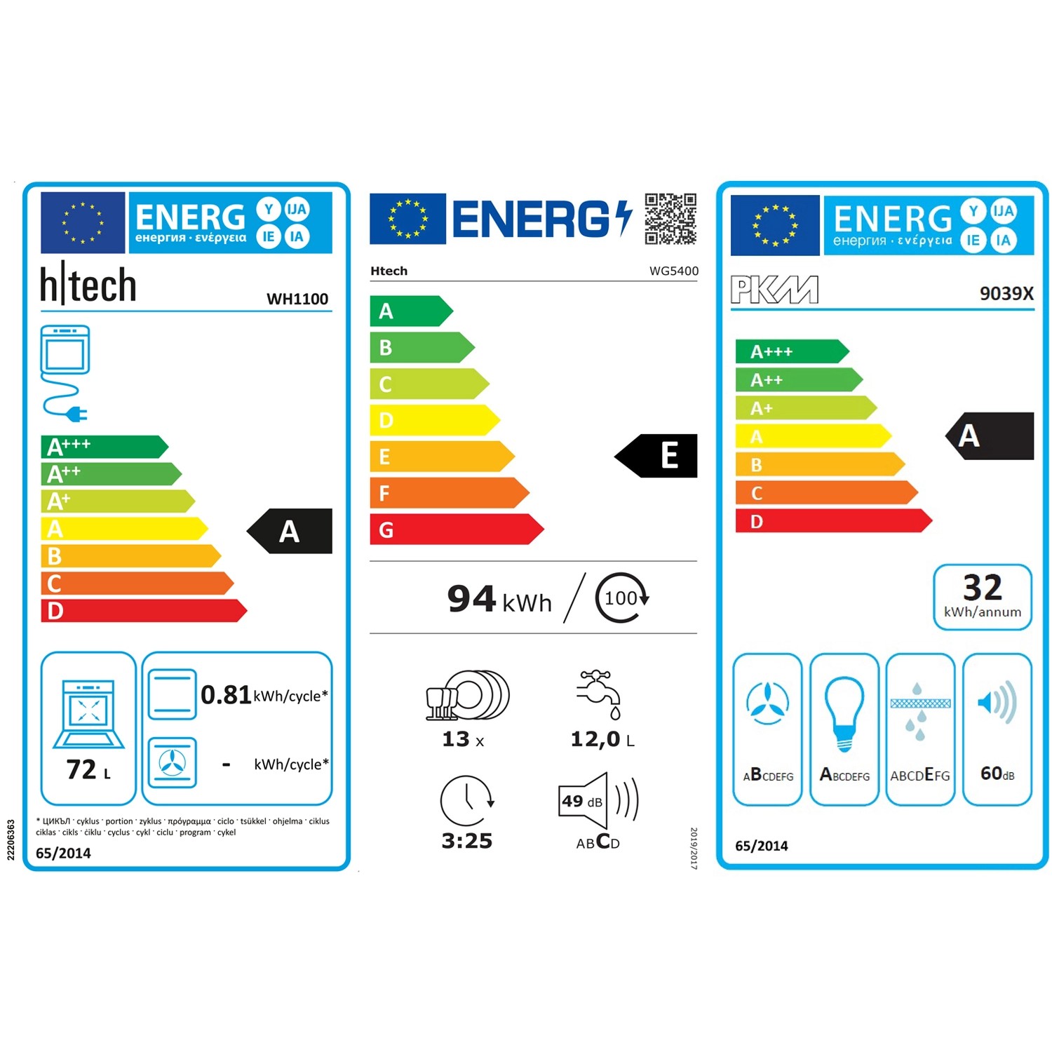 Energieetiketten für Geschirrspüler und Backofen mit Angaben zu Energieeffizienz und Verbrauch.
