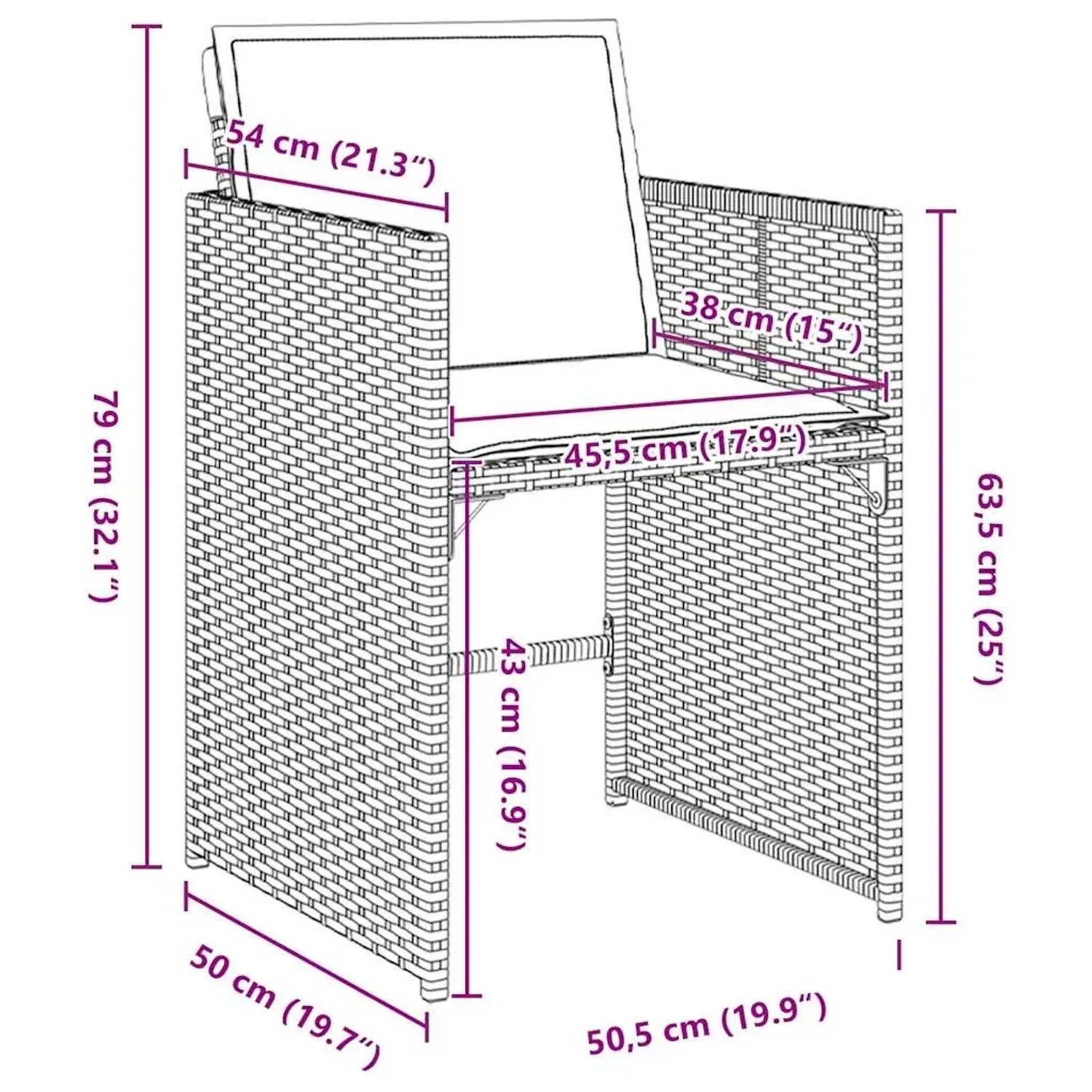 Abmessungen des vidaXL 5-tlg. Garten-Ess-Sets aus grauem Poly Rattan mit Kissen.