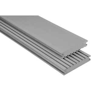 Graue Kovalex WPC Terrassendiele, gebürstet, Vollprofil. Meterware für individuelle Terrassen.