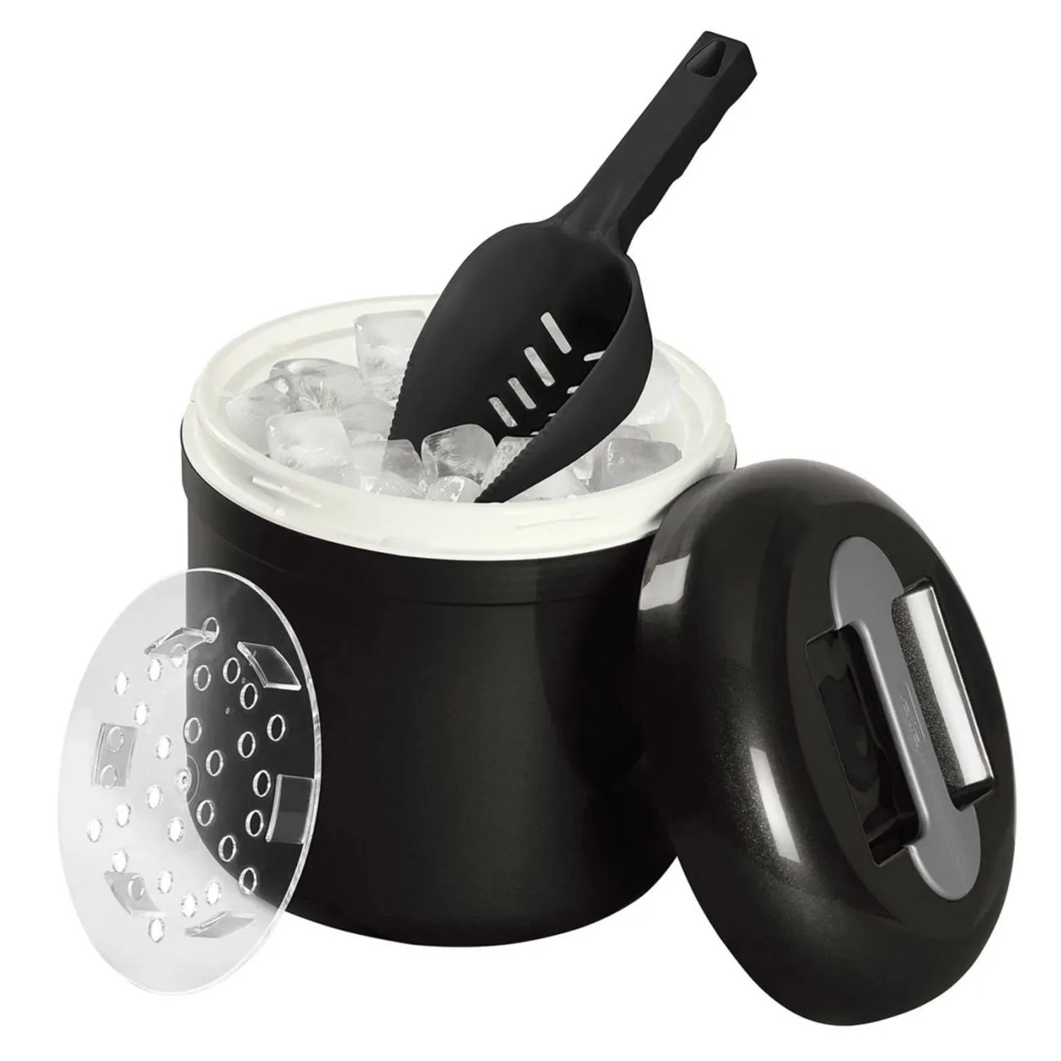 Anthrazit Eiswürfelbehälter mit Deckel, Abtropfeinsatz und Eisschaufel für Bar und Küche.