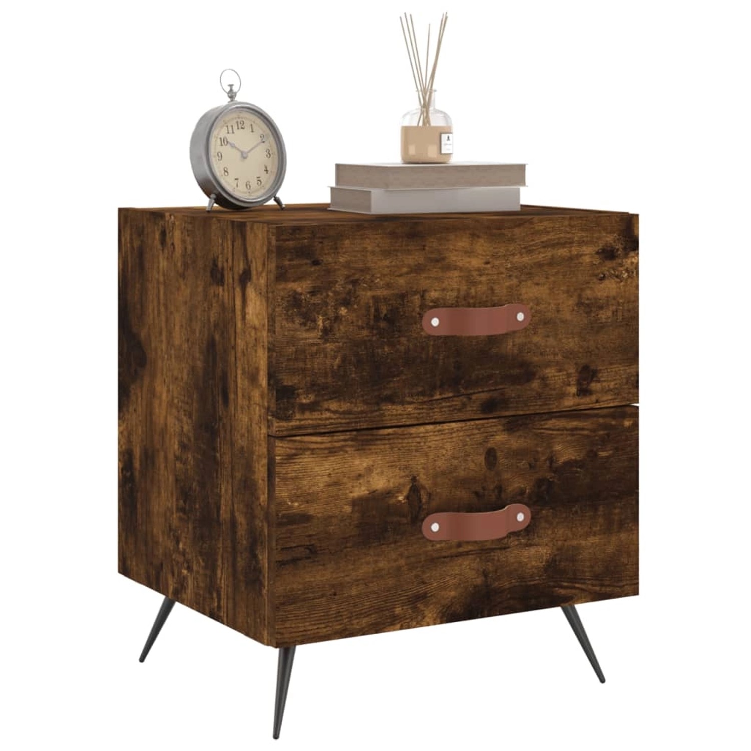 Zwei Nachttische in Räuchereiche Optik mit je zwei Schubladen und Metallfüßen.