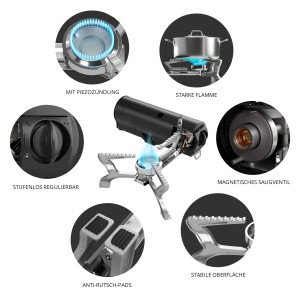 Evocamp Gaskocher BRS-99 mit Details zu Zündung, Flamme, Ventil, Regler, Oberfläche und Anti-Rutsch Pads.