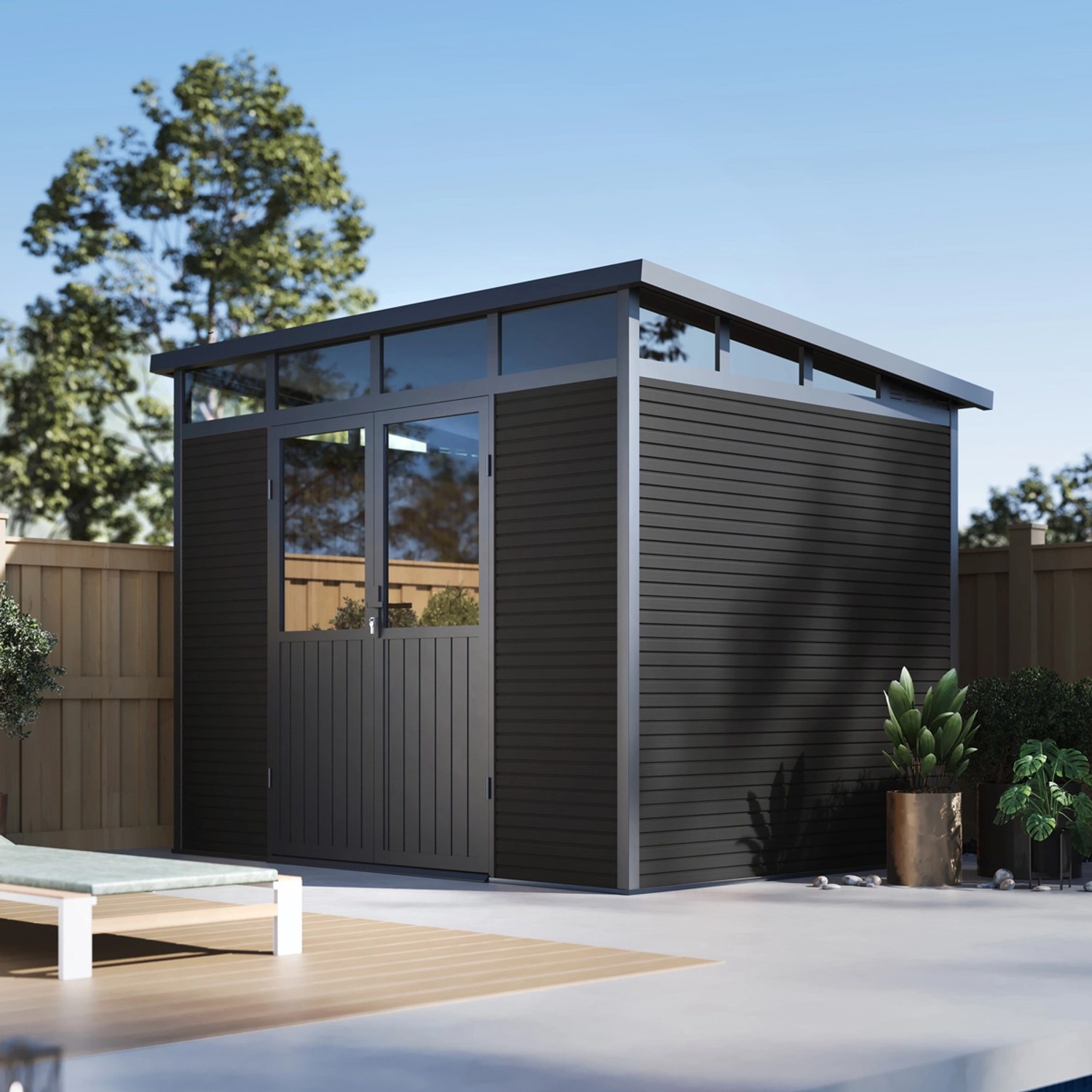 Modernes, anthrazitfarbenes Weide Gartenhaus/Gerätehaus mit Doppeltür und Aluminiumrahmen.