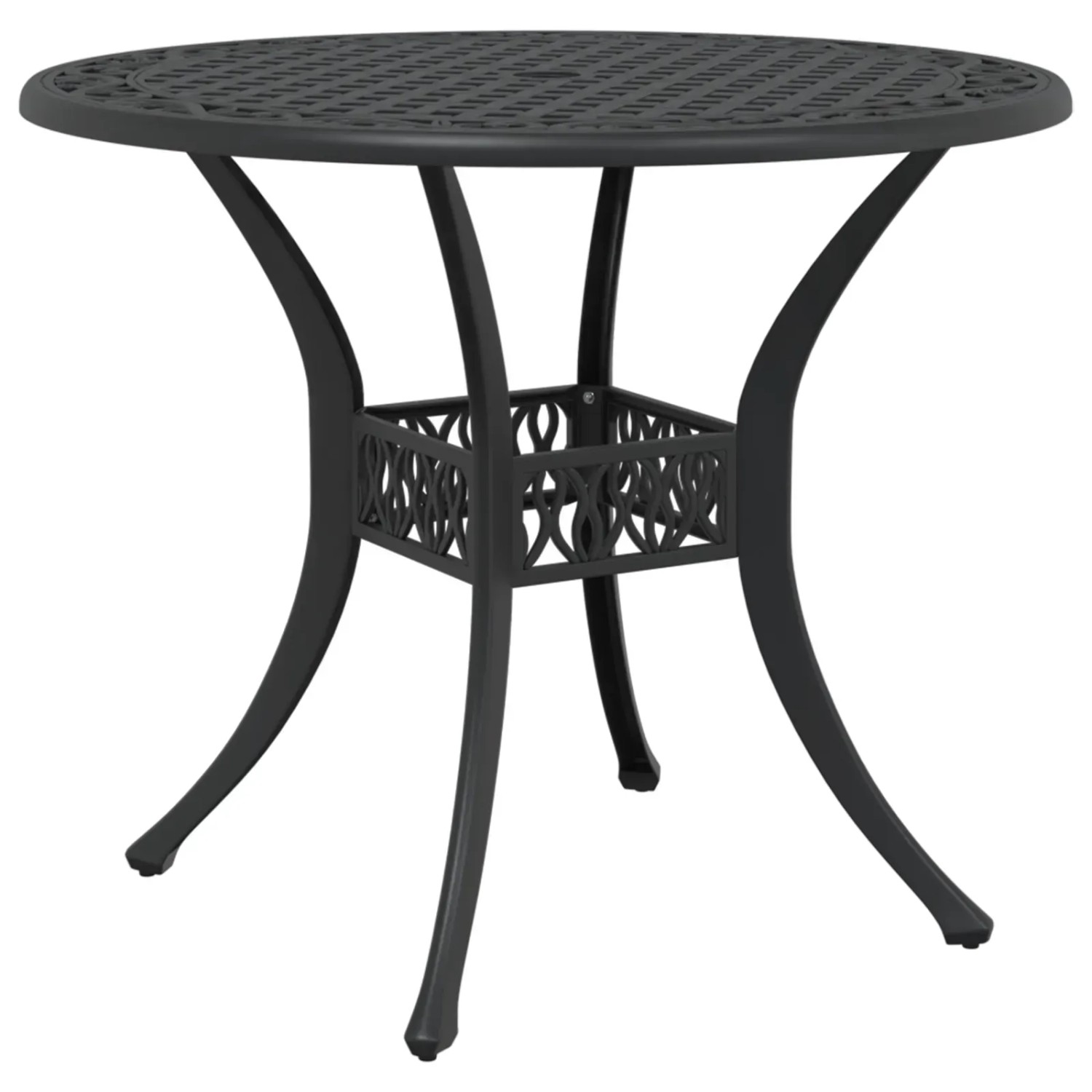Schwarzer, runder vidaXL Gartentisch aus Aluminiumguss mit geometrischem Muster.