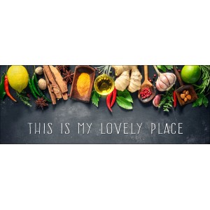 Glasbild This Is Lovely Place II mit Gewürzen und Kräutern, 30x80 cm.