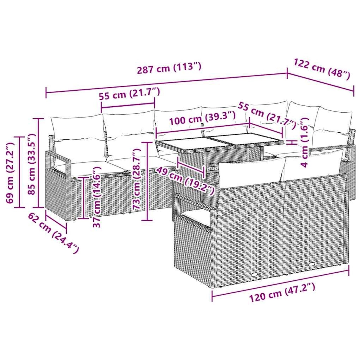 vidaXL Gartenmöbel Set, 9-teilig, braunes Poly Rattan, mit Tisch und Maßen.