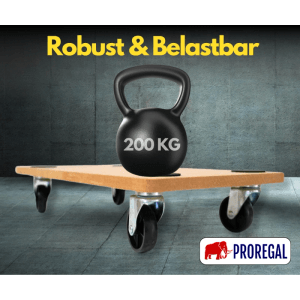 Profi Transportroller aus braunem MDF-Holz mit 4 Rollen, trägt eine 200 kg Kettlebell. Robust für schwere Lasten.