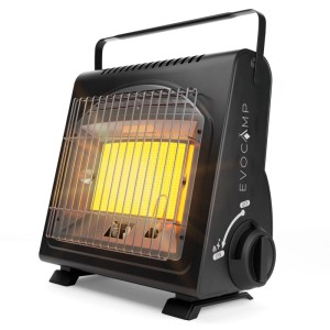 Schwarze Evocamp Camping Gasheizung 1,7 kW mit leuchtendem Keramikelement, Tragegriff und Piezozündung. Ideal für Outdoor.