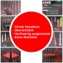 Werkzeugwagen-Inhalt: Sortiertes Werkzeug aus Chrom-Vanadium-Stahl in Werkzeugwagen Schubladen.