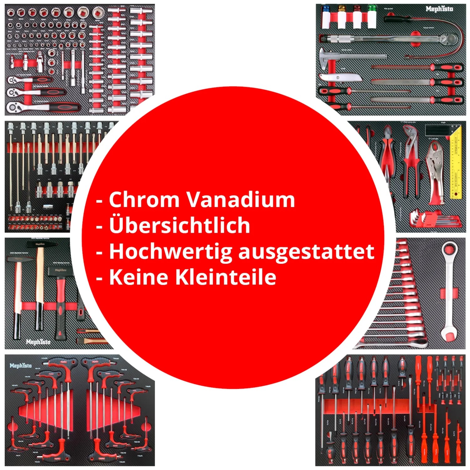 Werkzeugwagen-Inhalt: Sortiertes Werkzeug aus Chrom-Vanadium-Stahl in Werkzeugwagen Schubladen.