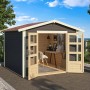 Terragraues Karibu Holz-Gartenhaus Tyka mit Satteldach und geöffneten Doppeltüren.