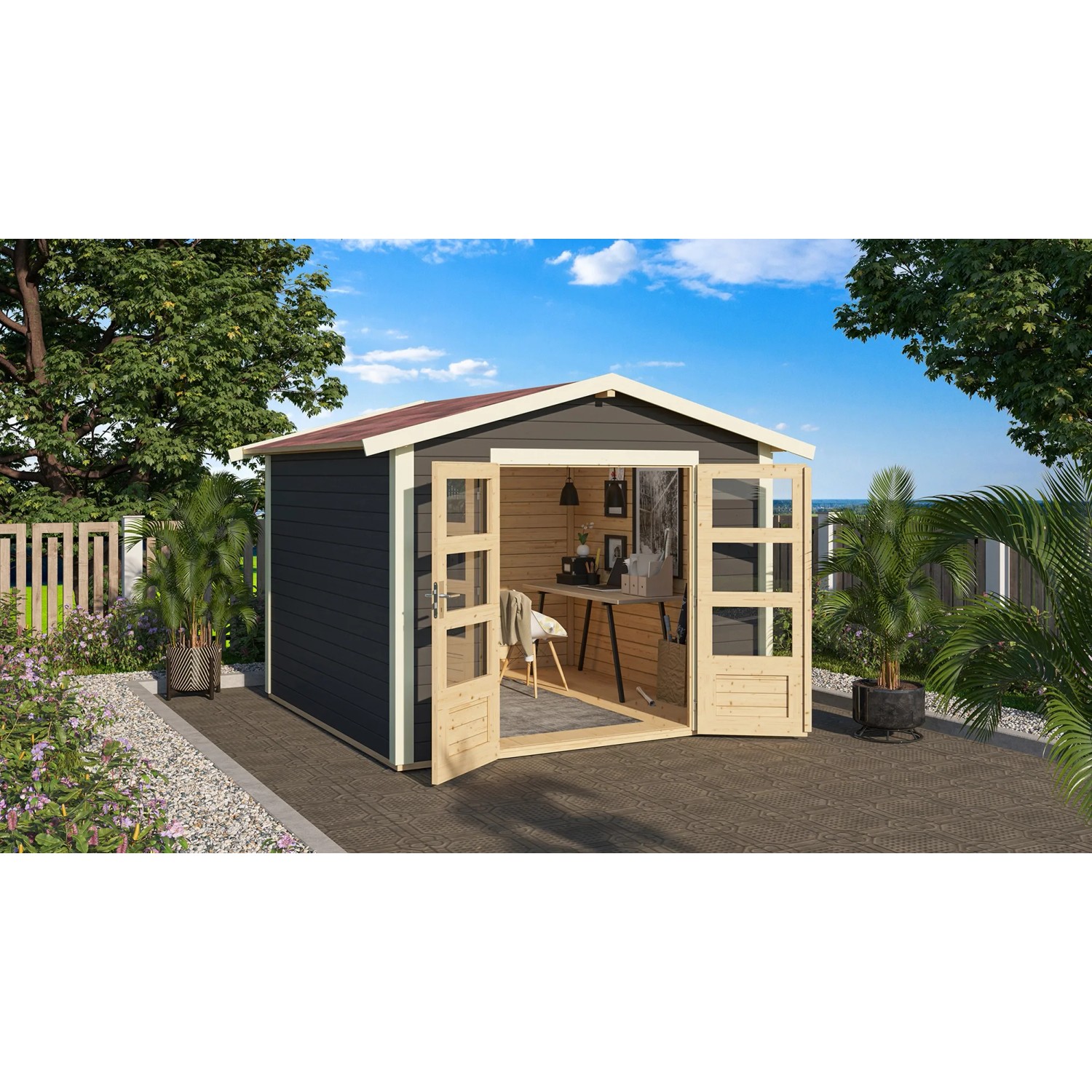 Terragraues Karibu Holz-Gartenhaus Tyka mit Satteldach und geöffneten Doppeltüren.