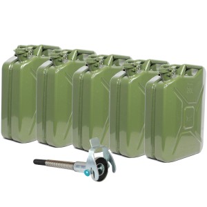 5 olivgrüne Metallkanister (20l) mit Ausgießer für Benzin/Diesel. Pannenhilfe & Erste Hilfe.