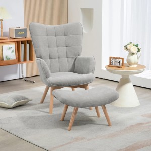 Grauer Cord Ohrensessel mit Hocker für Wohnzimmer. Bequemer Loungesessel mit Holzfüßen.