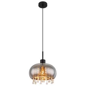 Globo Hängeleuchte Corry, schwarz/rauchfarben, Ø 28cm. Pendelleuchte mit Glaskristallen.