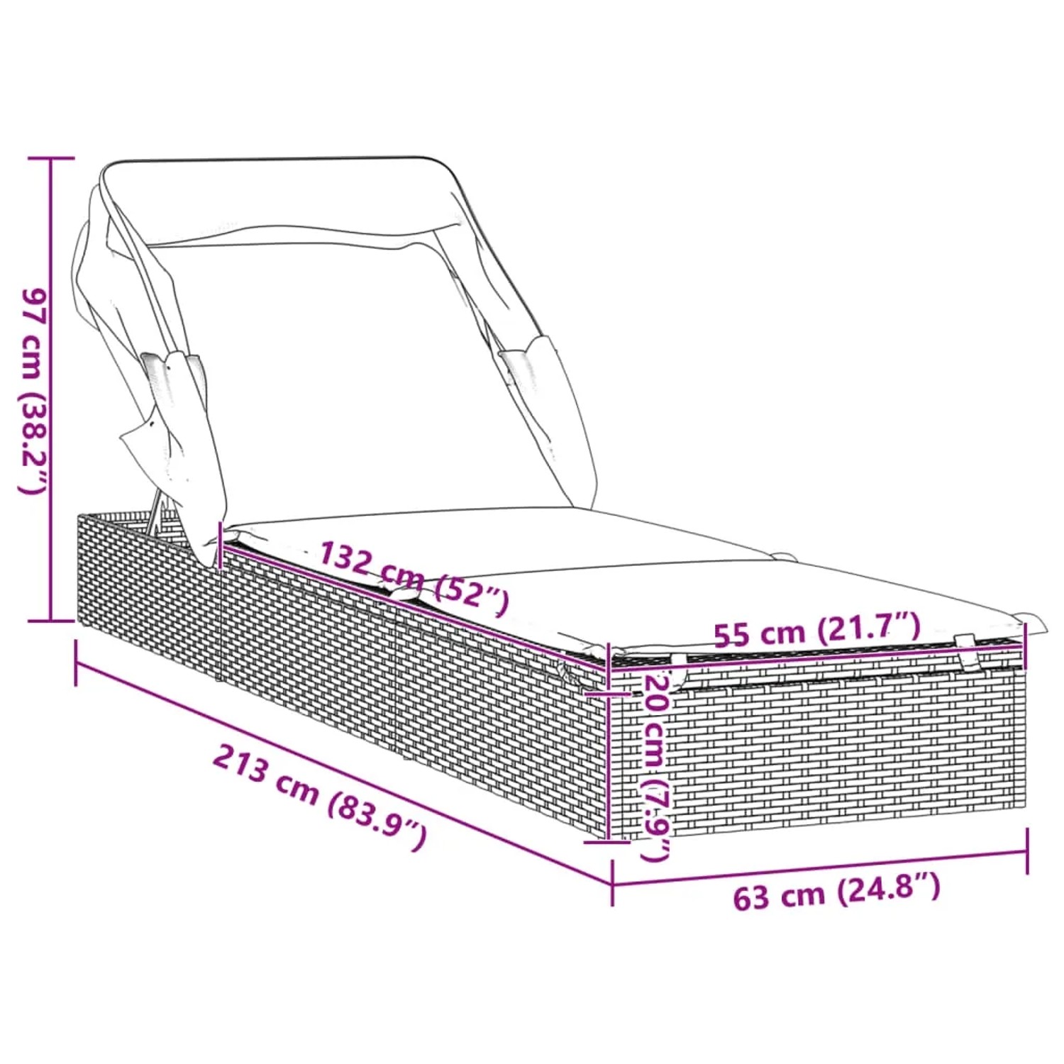 vidaXL Sonnenliege mit Faltdach, Maße: 213x63x97 cm, Poly Rattan, schwarz, technische Zeichnung