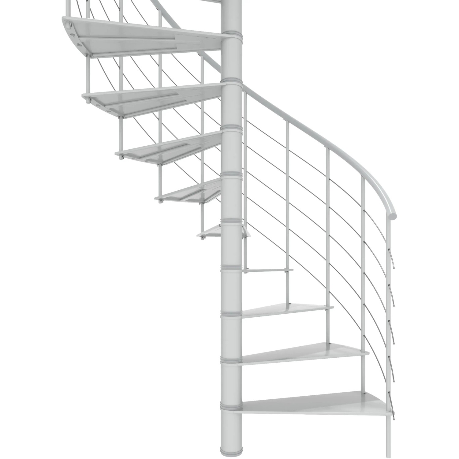 Weiße Minka Spindeltreppe Milano, spiralförmig mit Metallstufen und Geländer. Ideal für moderne Wohnstile.