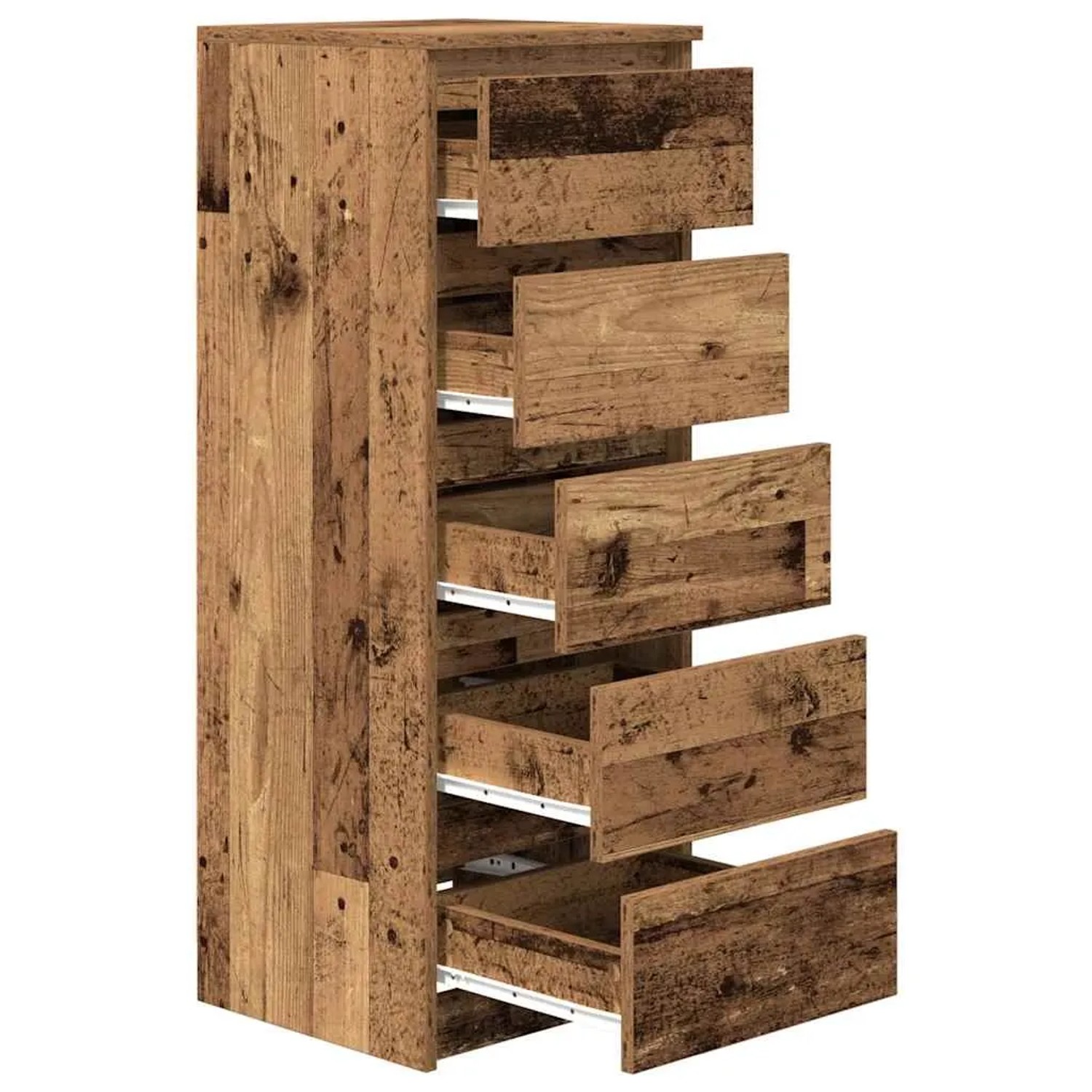 vidaXL Sideboard in Altholz-Optik mit 5 Schubladen, teilweise geöffnet.