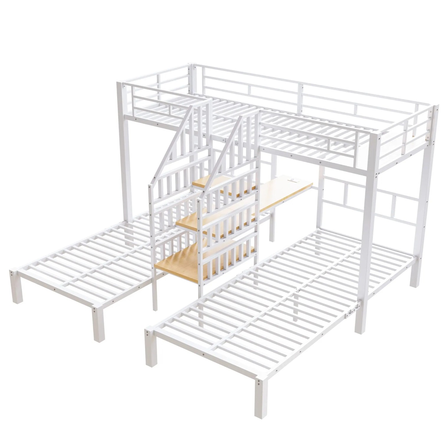 okwish Dreier Etagenbett 90x200cm mit LED und Schreibtisch Weiß ohne Matratze