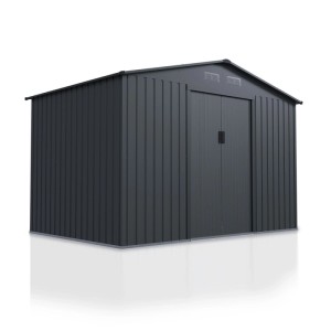 Dunkelgrauer Juskys Metall Geräteschuppen XL mit Pultdach und Schiebetür. Gartenhaus zur Geräteaufbewahrung.