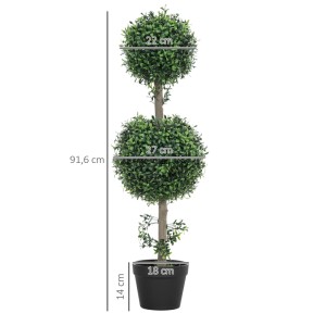HOMCOM Künstlicher Buchsbaum Topiary, 91,6 cm, zwei grüne Kugeln, schwarzer Topf. Hausbaum Kunstpflanze 2er-Set.