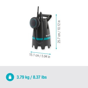 Gardena Schmutzwasser-Tauchpumpe 10500 Basic, eine schwarze Elektropumpe mit blauem Akzent und Tragegriff.