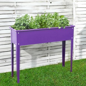 Floraworld Hochbeet Season, lila, 100x30x80 cm, bepflanzt mit Kräutern, vor weißem Holzzaun.